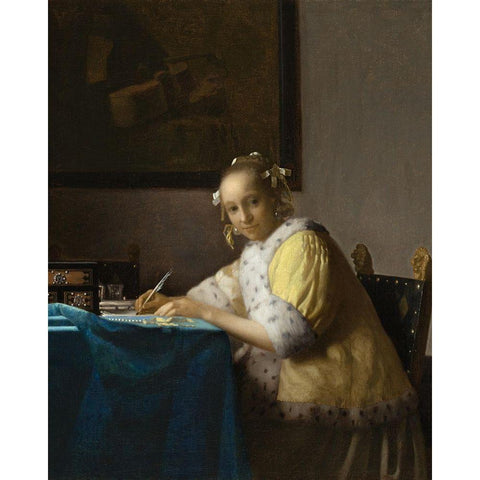 A Lady Writing a Letter Black Modern Wood Framed Art Print by Vermeer, Johannes