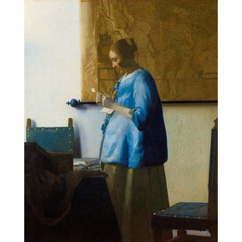 Woman Reading a Letter White Modern Wood Framed Art Print by Vermeer, Johannes