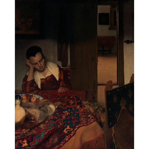 A Maid Asleep Gold Ornate Wood Framed Art Print with Double Matting by Vermeer, Johannes