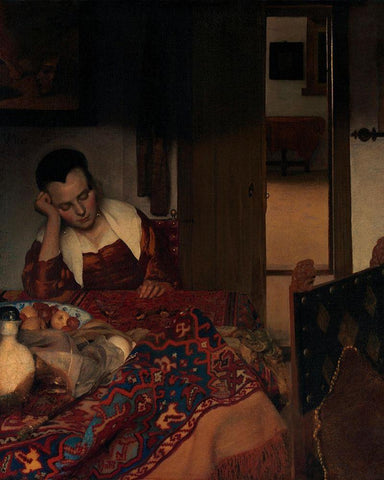 A Maid Asleep White Modern Wood Framed Art Print with Double Matting by Vermeer, Johannes