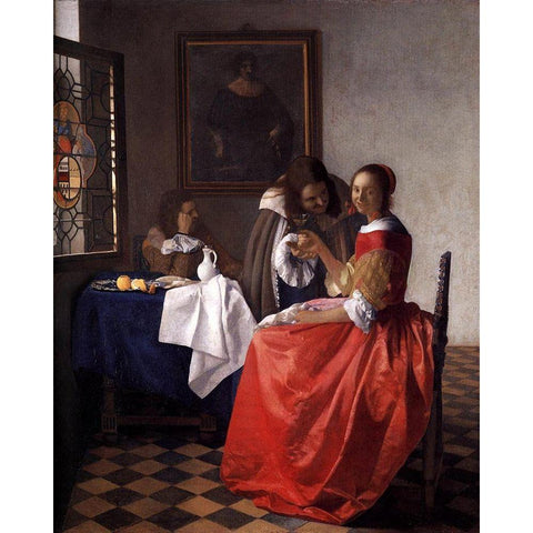 A Lady and Two Gentlemen Gold Ornate Wood Framed Art Print with Double Matting by Vermeer, Johannes