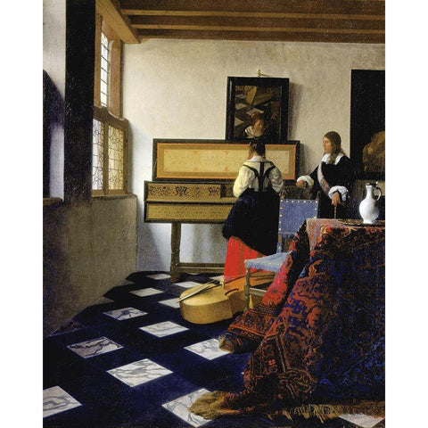 The Music Lesson White Modern Wood Framed Art Print by Vermeer, Johannes