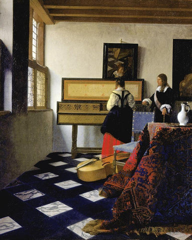 The Music Lesson Black Ornate Wood Framed Art Print with Double Matting by Vermeer, Johannes