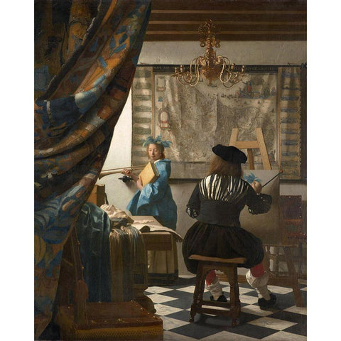 The Art of Painting Gold Ornate Wood Framed Art Print with Double Matting by Vermeer, Johannes