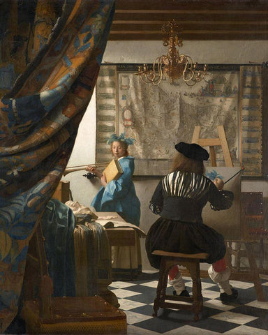 The Art of Painting Black Ornate Wood Framed Art Print with Double Matting by Vermeer, Johannes