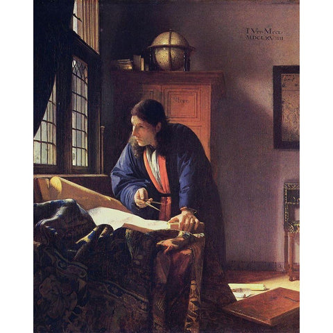 The Geographer Black Modern Wood Framed Art Print with Double Matting by Vermeer, Johannes