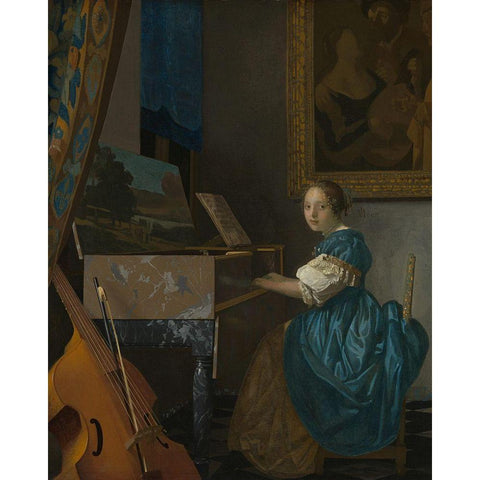 Lady Seated at a Virginal Black Modern Wood Framed Art Print with Double Matting by Vermeer, Johannes