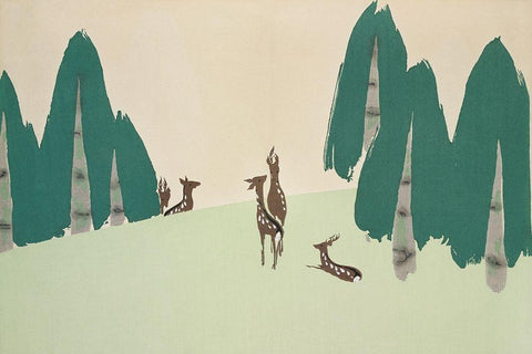 Deer from Momoyogusa White Modern Wood Framed Art Print with Double Matting by Sekka, Kamisaka