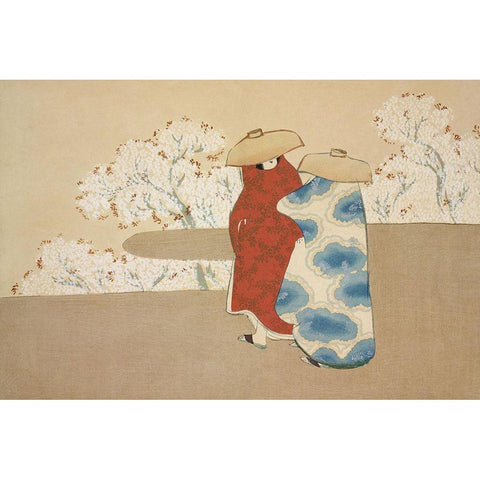 Hanami season from Momoyogusa White Modern Wood Framed Art Print by Sekka, Kamisaka