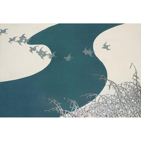 Birds from Momoyogusa White Modern Wood Framed Art Print by Sekka, Kamisaka