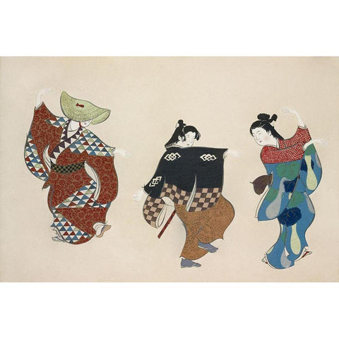 Dancers from Momoyogusa Black Modern Wood Framed Art Print with Double Matting by Sekka, Kamisaka