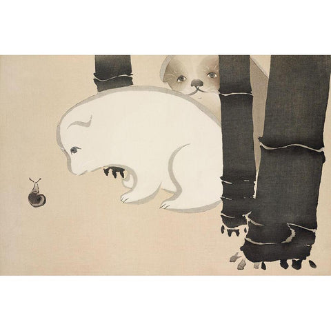 Dog and snail from Momoyogusa White Modern Wood Framed Art Print by Sekka, Kamisaka