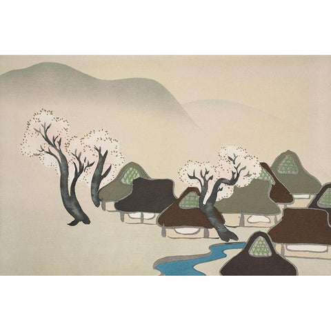 Village with cherry blossoms from Momoyogusa White Modern Wood Framed Art Print by Sekka, Kamisaka