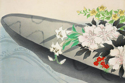 Flower boat from Momoyogusa Black Ornate Wood Framed Art Print with Double Matting by Sekka, Kamisaka