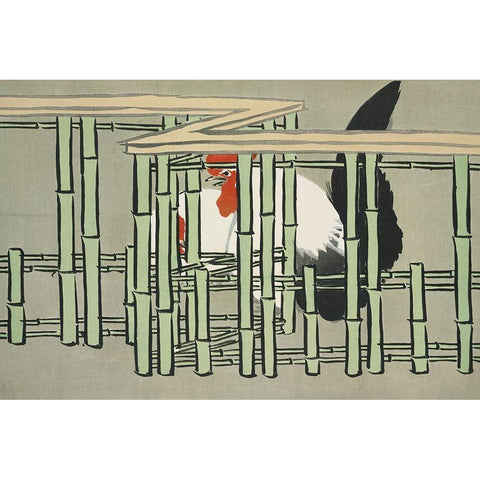 Roosters from Momoyogusa White Modern Wood Framed Art Print by Sekka, Kamisaka