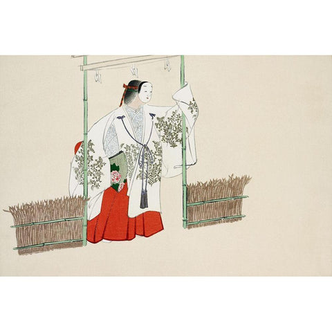 Masked man from Momoyogusa White Modern Wood Framed Art Print by Sekka, Kamisaka