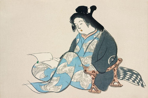 Reading lady from Momoyogusa White Modern Wood Framed Art Print with Double Matting by Sekka, Kamisaka