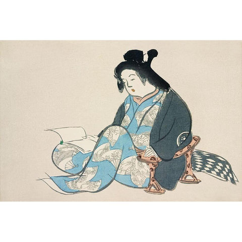 Reading lady from Momoyogusa White Modern Wood Framed Art Print by Sekka, Kamisaka