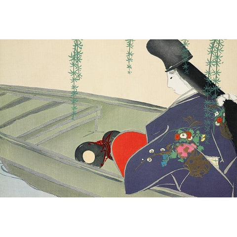 Boat from Momoyogusa White Modern Wood Framed Art Print by Sekka, Kamisaka