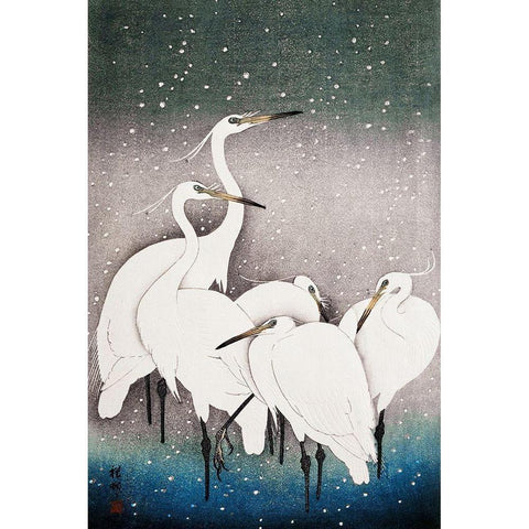 Group of Egrets White Modern Wood Framed Art Print by Koson, Ohara