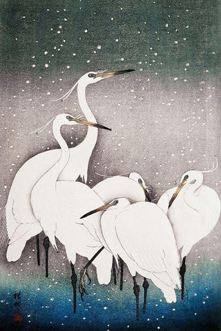 Group of Egrets White Modern Wood Framed Art Print with Double Matting by Koson, Ohara