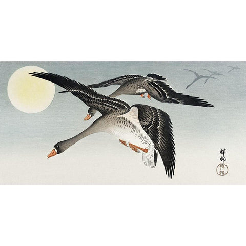 Birds at full moon Black Modern Wood Framed Art Print with Double Matting by Koson, Ohara