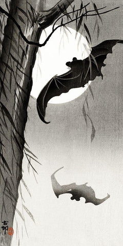 Bats under the full moon Black Ornate Wood Framed Art Print with Double Matting by Koson, Ohara