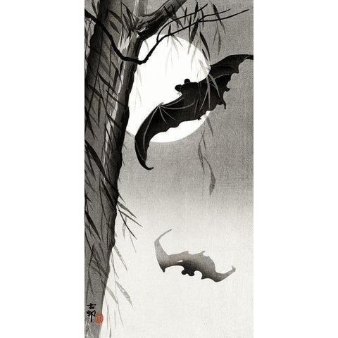 Bats under the full moon Black Modern Wood Framed Art Print with Double Matting by Koson, Ohara