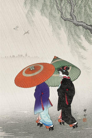 Two women in the rain White Modern Wood Framed Art Print with Double Matting by Koson, Ohara