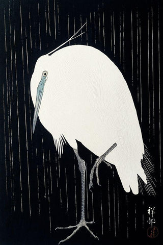 Egret in the rain Black Ornate Wood Framed Art Print with Double Matting by Koson, Ohara