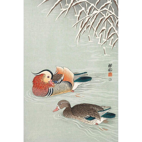 Mandarin ducks Black Modern Wood Framed Art Print with Double Matting by Koson, Ohara