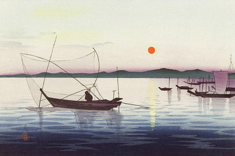 Boats and setting sun Black Ornate Wood Framed Art Print with Double Matting by Koson, Ohara