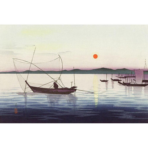 Boats and setting sun Black Modern Wood Framed Art Print with Double Matting by Koson, Ohara