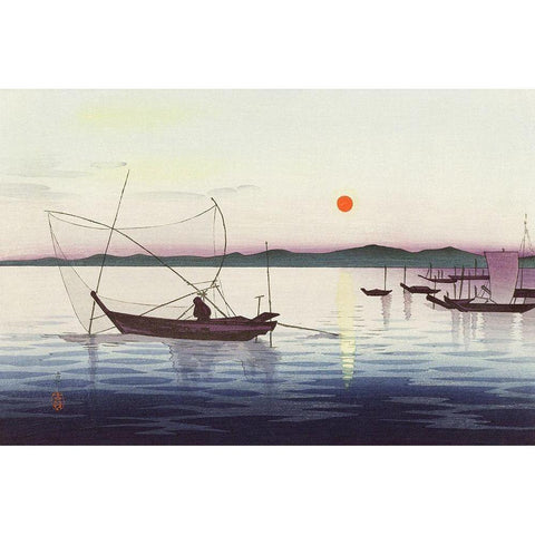 Boats and setting sun Gold Ornate Wood Framed Art Print with Double Matting by Koson, Ohara