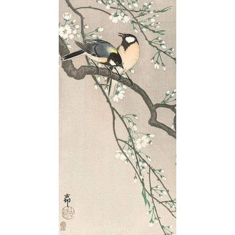 Tits on Cherry BranchÂ  White Modern Wood Framed Art Print by Koson, Ohara