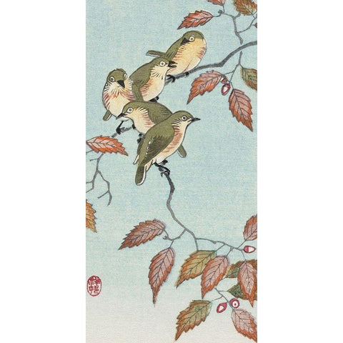 Birds on a branch Gold Ornate Wood Framed Art Print with Double Matting by Koson, Ohara