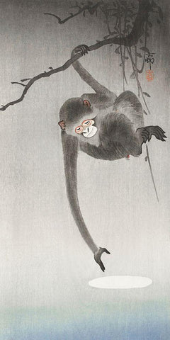 Monkey and reflection of the moon White Modern Wood Framed Art Print with Double Matting by Koson, Ohara