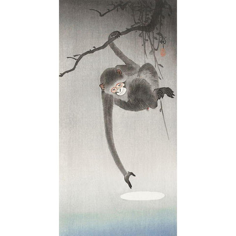 Monkey and reflection of the moon Gold Ornate Wood Framed Art Print with Double Matting by Koson, Ohara