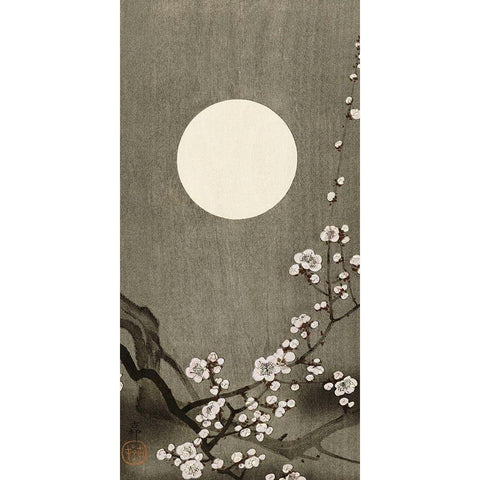 Blooming plum blossom at full moon Black Modern Wood Framed Art Print with Double Matting by Koson, Ohara