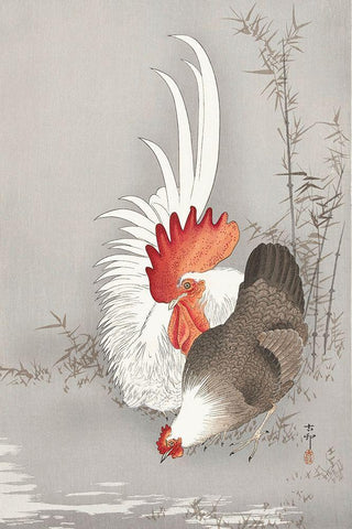 Rooster and chicken Black Ornate Wood Framed Art Print with Double Matting by Koson, Ohara