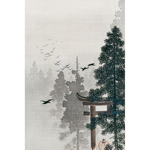 Flock of birds and a torii gate in a pine tree forest White Modern Wood Framed Art Print by Koson, Ohara