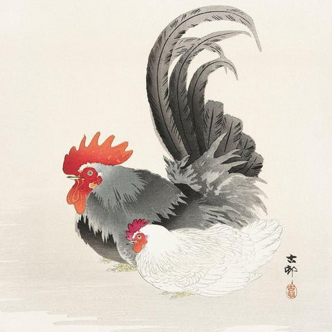 Chicken and cock Black Ornate Wood Framed Art Print with Double Matting by Koson, Ohara