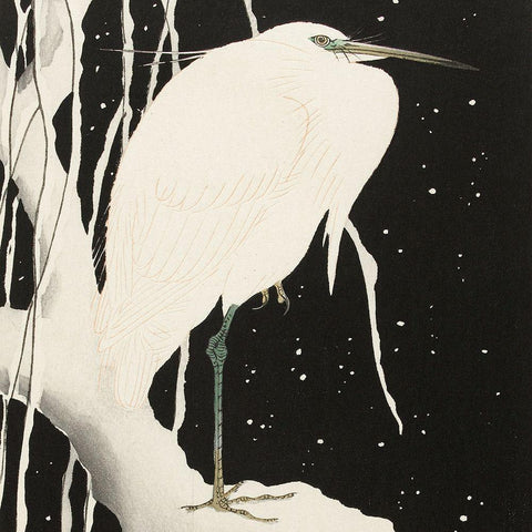 Heron in snow Black Ornate Wood Framed Art Print with Double Matting by Koson, Ohara