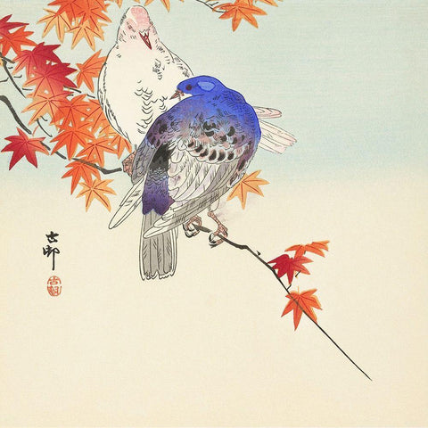 Two pigeons on autumn branch White Modern Wood Framed Art Print with Double Matting by Koson, Ohara