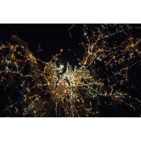 Boston at Night Black Modern Wood Framed Art Print with Double Matting by NASA