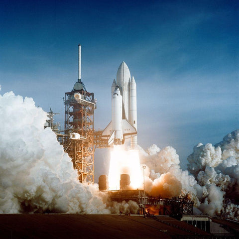 Space Shuttle Columbia launching White Modern Wood Framed Art Print with Double Matting by NASA