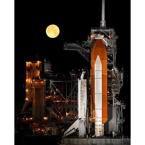 Shuttle Discovery With Moon Gold Ornate Wood Framed Art Print with Double Matting by NASA