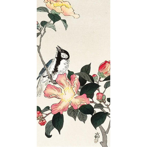 Great tit on branch with pink flowers Black Modern Wood Framed Art Print with Double Matting by Koson, Ohara