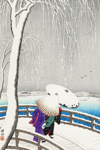 Two women in the snow on Yanagi Bridge White Modern Wood Framed Art Print with Double Matting by Koson, Ohara