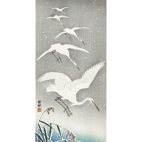 Descending egrets in snow White Modern Wood Framed Art Print by Koson, Ohara